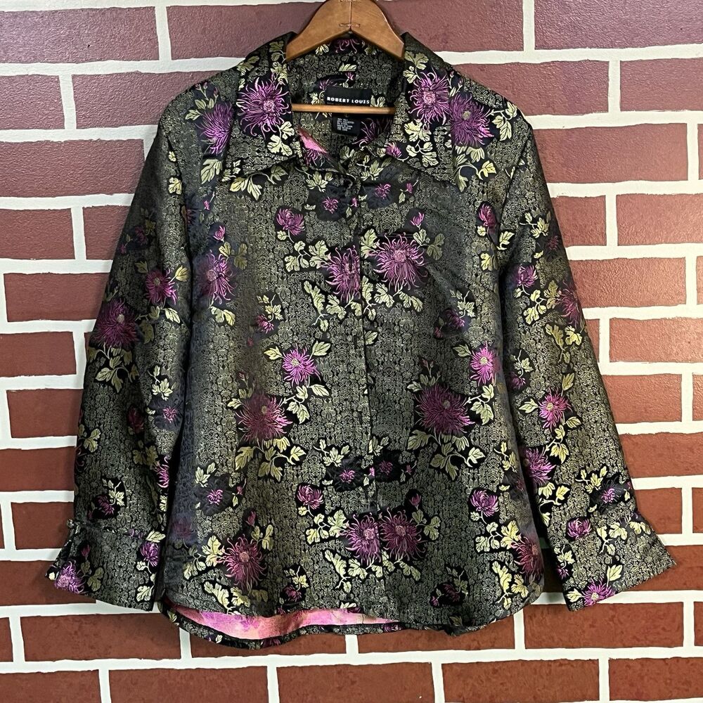 Robert Louis Women’s Large Silk Floral Shacket Bold Metallic Button Top Blouse